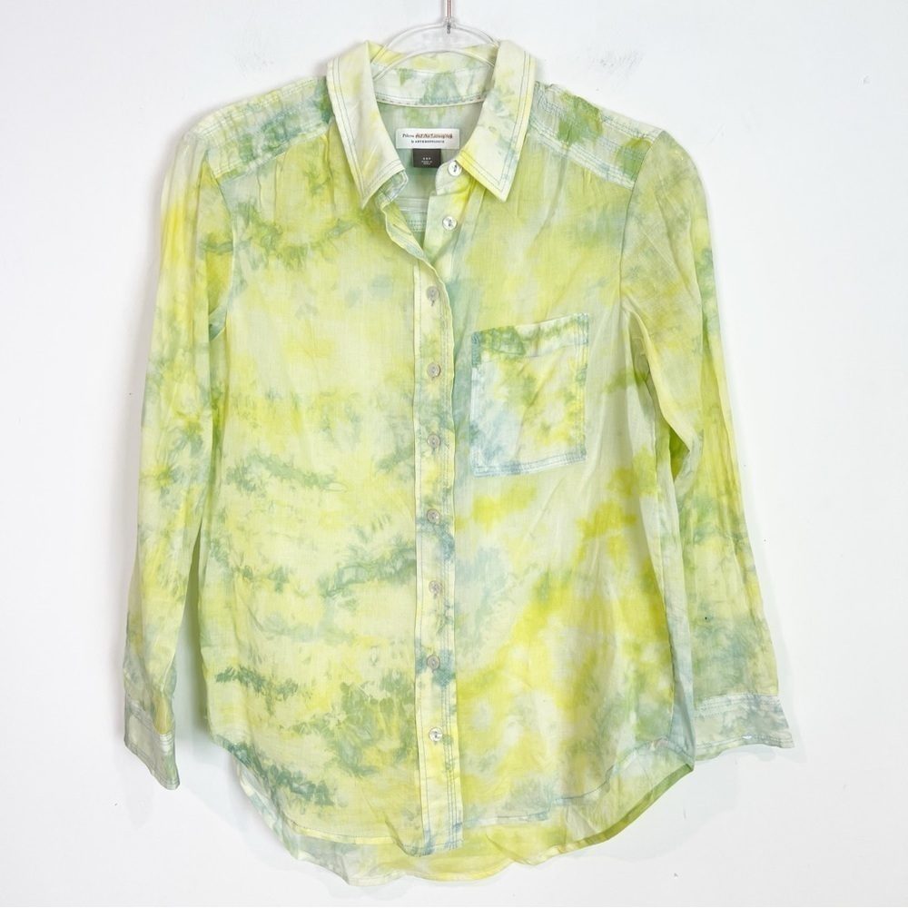 PILCRO ANTHROPOLOGIE YELLOW GREEN TIE DYE LONG SLEEVE BLOUSE WOMENS SZ XSP